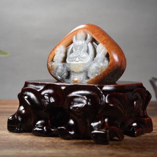 千尺山孤品 334克 宋永胜作品 和田玉籽料石包玉西方三圣摆件摆饰带底